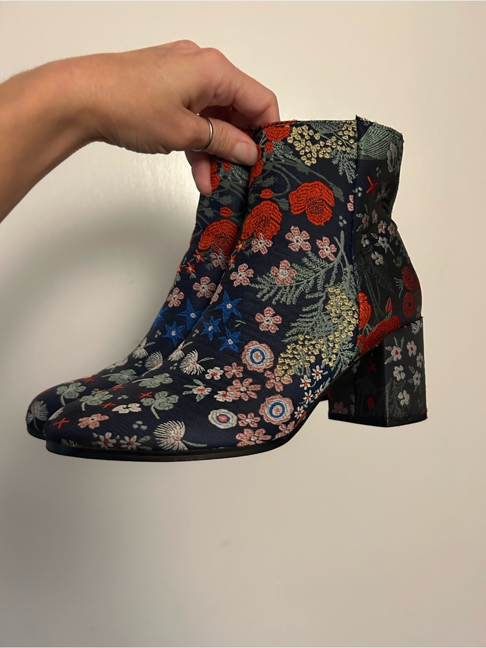 Indigo Navy Floral Embroidered Block Heel Ankle Boots